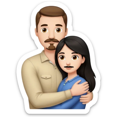 Couple, Tall strong white man with brown hair mustache and goatee, hugging small pale woman long with black hair sticker