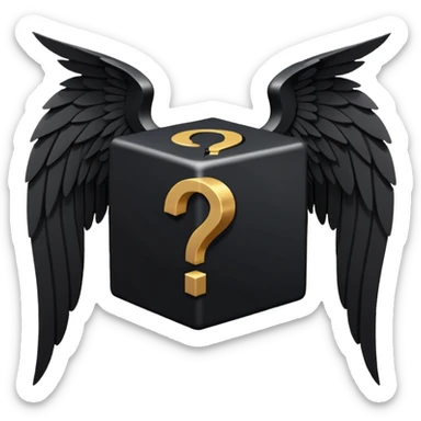 Black cube with black wings and has a white question mark sticker