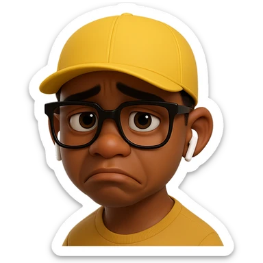 Redraw this character in a 3D Disney style with a sad expression, yellow cap, glasses, and earbuds. Maintain the character's original features and expression. Use a transparent background. The original style is Flux Pro, but please adapt to 3D Disney style for the edit. sticker