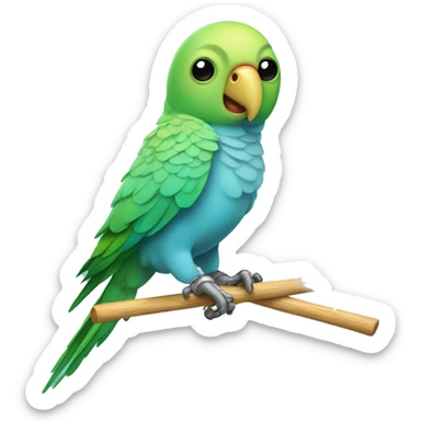 parakeet on stick with a robot head sticker