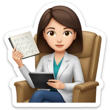 female therapist, brunette, brown eyes, light skin, sitting in a chair with notes sticker