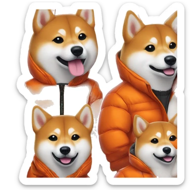 Shiba inu wearing vibrant orange puffer long sleeve jacket portrait sticker