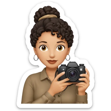 48 year old woman photographer with dark curly hair in a bun sticker