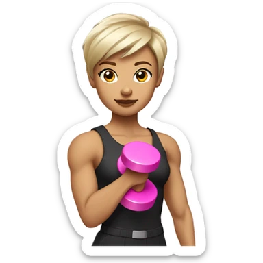 Short light brown pixie haircut Female White bicep side view holding a pink dumbbell sticker