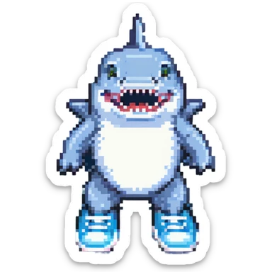 shark with light blue sneakers, pixel art style, retro 8-bit look sticker