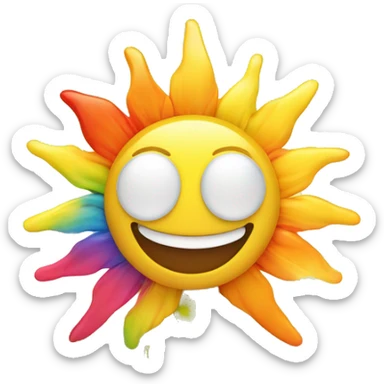Illustrate a smiling sun with rainbow rays, rising above a vibrant beach scene." sticker