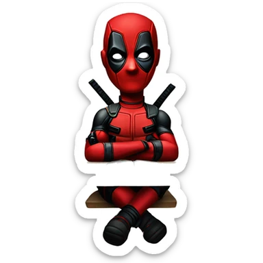 Cute Deadpool sitting at a desk, front view sticker