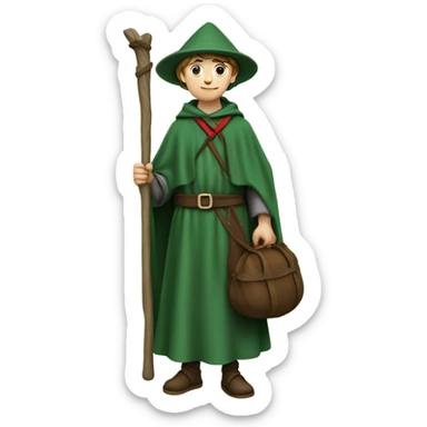 Young European pilgrim of the 13th century with staff, red stockings, green robe and hat and leather bag sticker