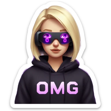Russian cute blond student girl wearing black hoody with violet letters "OMG", in vr headset. No eyes. Cyberpunk style. Violet neon. sticker