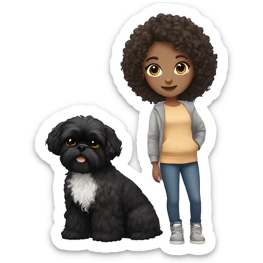 brunette curly haired girl with black shih tzu dog sticker