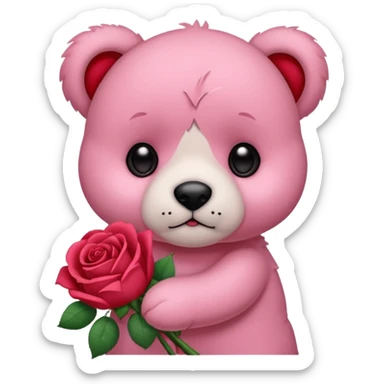 Cute pink teddy bear with sad puppy dog eyes holding roses  sticker