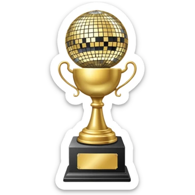 Tall Competition trophy with a silver disco ball on top that says “Dancing” in cursive  sticker