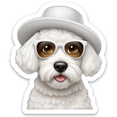 mujer piel blanca con gorro en la cabeza gafas y perro bichon maltés blanco sticker