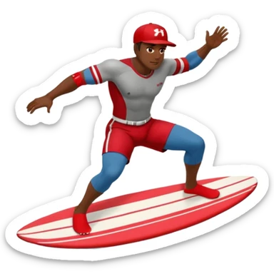 Dark, muscular man surfing wearing red shorts and a baseball cap Hawaii sticker