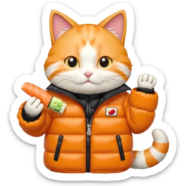 cat wearing a puffy jacket and eating sushi sticker