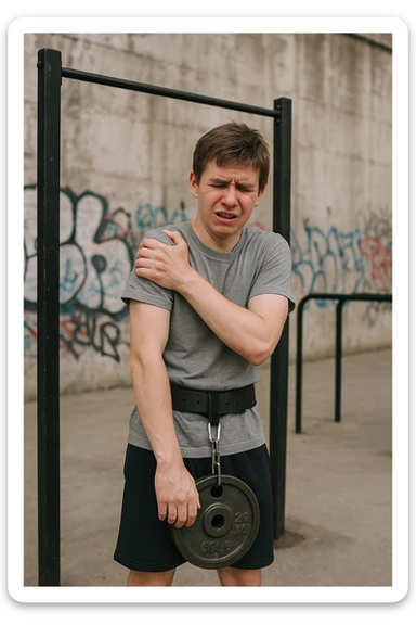 Giovane atleta neofita, fisico normale e non ancora sviluppato, si allena per la prima volta in uno spazio urbano per streetlifting: sbarra per trazioni, parallele, e pesi appesi alla cintura. Ma si è infortunato perchè non faceva le cose con la giusta tecnica. sticker