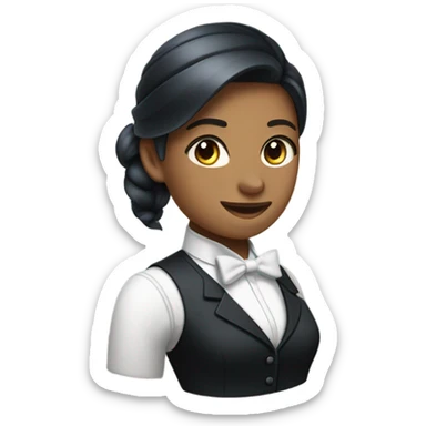 a female butler with a professional and elegant demeanor. She has her hair neatly tied in a ponytail and wears a classic butler uniform, including a tailored vest, crisp white shirt, and bow tie. sticker