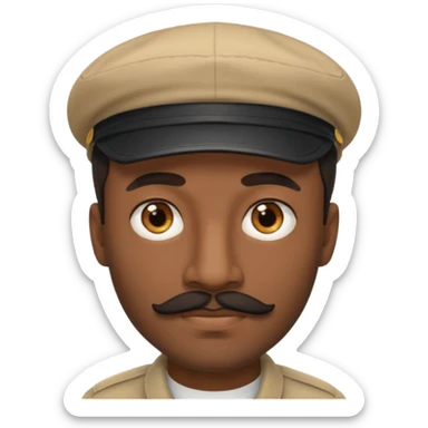 A dark-skinned man with a beige cap, brown eyes, and a thin black mustache. sticker