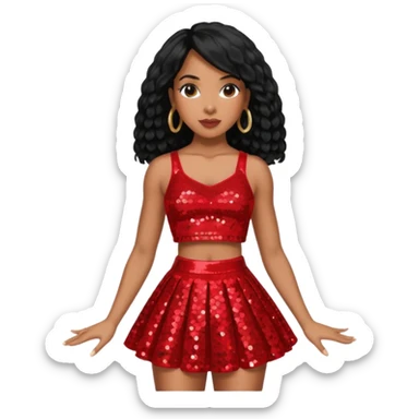 Kelly Rowland with black hair, red sequin crop top and skirt sticker