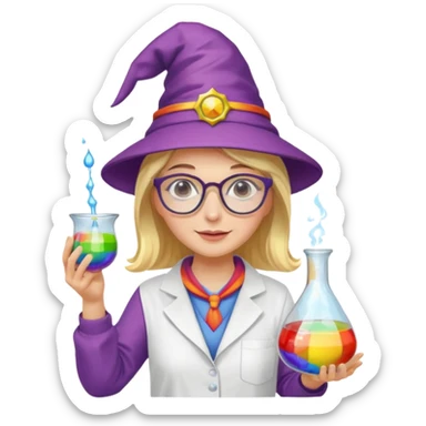 woman scientist with glasses, wearing wizard hat custome, with glass vase, rainbow sticker