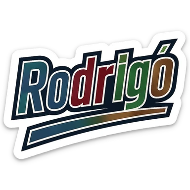 The name 'Rodrigó' in a masculine, modern font with gradient colors including blue, gray, burgundy, green, and brown. The text uses precise Hungarian characters, has a dark outline, extra thick and prominent white letter border, and a dynamic slanted underline. Image size 1000x1000 px, PNG format, transparent background. sticker