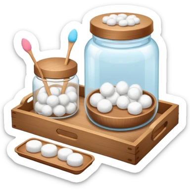 wooden tray with a jar of cotton balls, a jar of cotton swabs, a jar of cotton pads with wooden lids, with a soft glow sticker