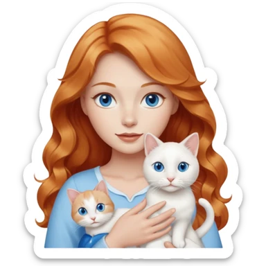 Long wavy strawberry blonde blue eyes woman with a white cat with blue eyes realistic  sticker