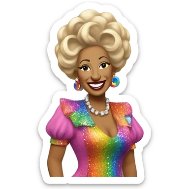 “Celia Cruz in a colorful outfit, smiling and performing with musical notes around her.” sticker