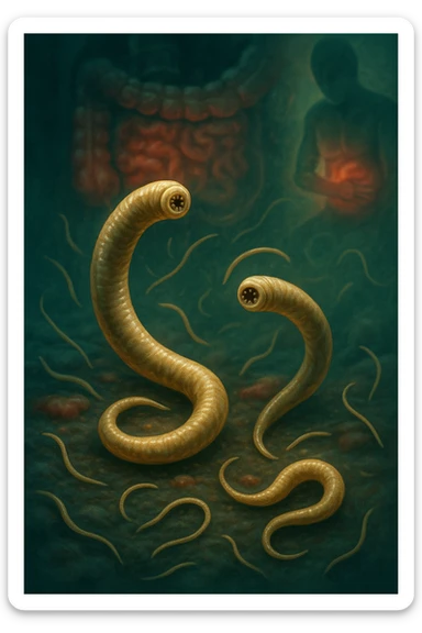 Vertical, cinematic, realistic illustration of detailed intestinal parasites as the main focus, with subtle references to the diseases they cause. Dramatic clinical lighting, green-blue tones with warm yellow-orange accents, natural depth of field. 2:3 aspect ratio. sticker