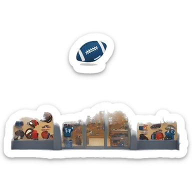 “Football store exterior with bold signage, large windows showcasing football gear, jerseys, and accessories, and a dynamic, athletic design reflecting the energy of the sport.” sticker