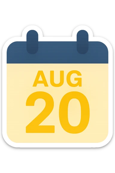 A tear-off calendar sheet showing August 20 with bold numbers in yellow color, no background, strong and clear design. sticker