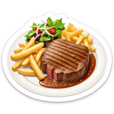 big juicy australian steak meal featuring chips, small salad in a ramiken and gravy  sticker