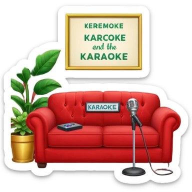 front view of a red velvet couch with a mic in front, houseplants in the background, and a sign in the background that says "karaoke" sticker
