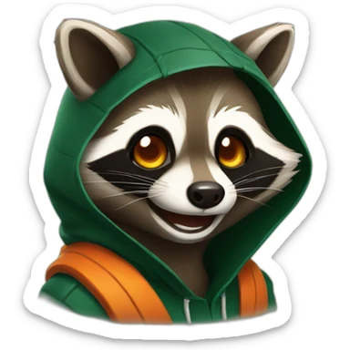 brown raccoon with orange eyes and a dark green hood that is laughing sticker