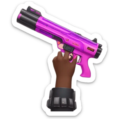 brown hand with pink nails holding large scary dark nerf gun sticker