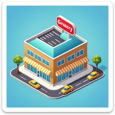 Isometric grocery store building with large windows, parking area, and store signage sticker