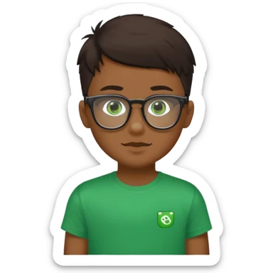 Garçon brun, peu bronzée, des yeux verts foncés, un t shirt noir et des lunettes rectangulaires transparentes sticker