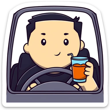 driver with flushed cheeks, one hand on the wheel, the other holding a drink, exaggerated expression sticker