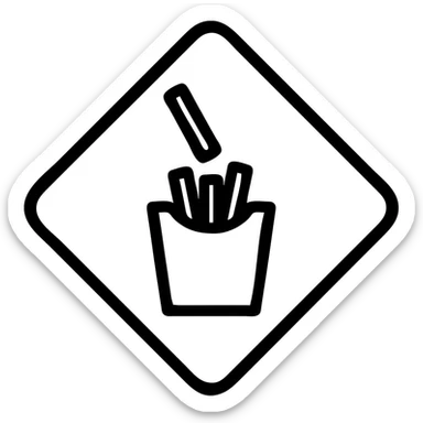 yellow warning road sign, a single french fry being dropped into a bag containing a few other fries, simple icon style sticker