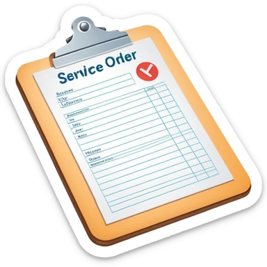clipboard holding a simplified service order paper with faint lines, with a small checkmark symbol, clean vector art, bright colors, isolated sticker