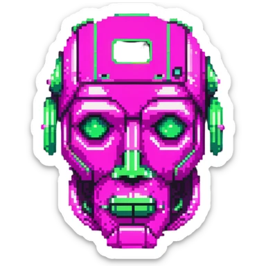 minimalist cartoon emoji of a robot face, LLM theme, Matrix-inspired cyberpunk style, three neon green shades with magenta, clean crisp pixel lines, techy sticker look, stroke, futuristic digital feel sticker