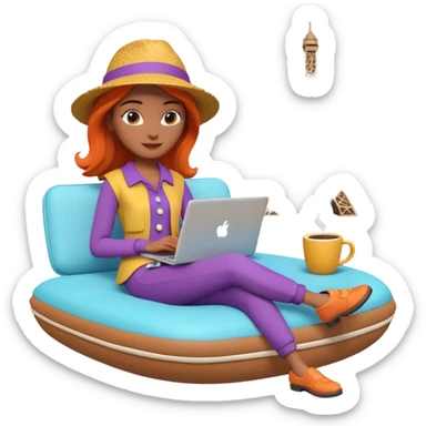 3D clay woman character relaxed with laptop and coffee in Paris, floating icons (dollars), colofrful modern outfit, white laptop, Pixar style, transparent background sticker