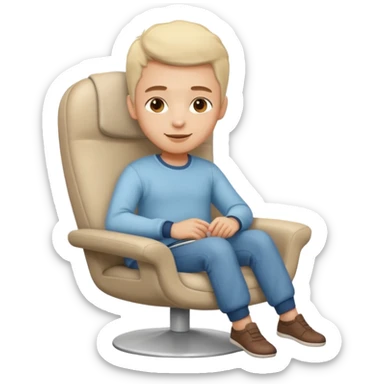 Emoji-style person relaxing on leaning chair, happy and content, rounded features, soft shading, sticker