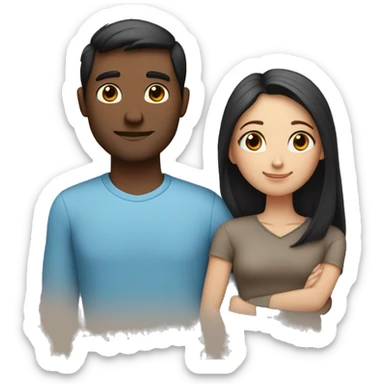 Couple embracing with arms around each other; white woman with blue eyes and brown hair, Indian man with black hair  sticker