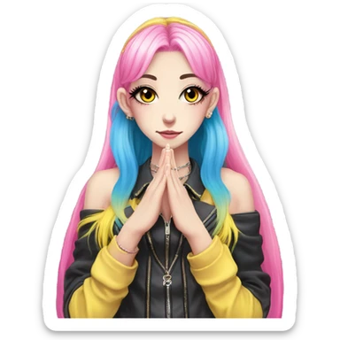 Blue eyed long eye lashes pout blonde and pink hair pale hime gyaru girl, hot pink and yellow split-dyed hair, nose ring, elf ears, dark makeup, punk clothes standing next to three diffrent men praying on their knees sticker