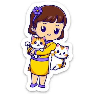girl with brown hair and bangs wearing yellow qipao with gray tabby cat sticker
