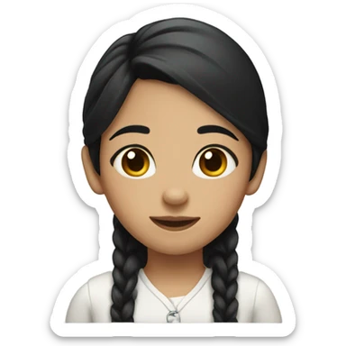 girl with black hair and freckles making a peace sign sticker