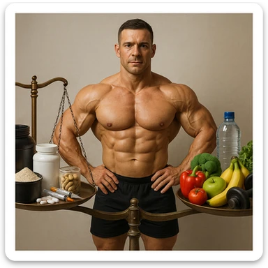 A 35-year-old bodybuilder con equilibrio su uso di sostanze e non. immagine iper realistica, fai una bilancia sticker