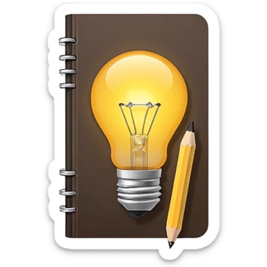 Emoji of a notebook with a pencil and a glowing lightbulb on the cover, iPhone emoji style. Flat design, smooth gradients, rounded edges, soft shadows, clean look, white background. sticker