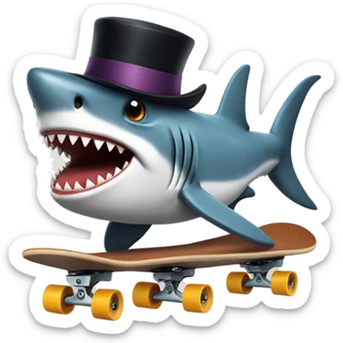 Shark on a skateboard doing a trick wearing a top hat sticker